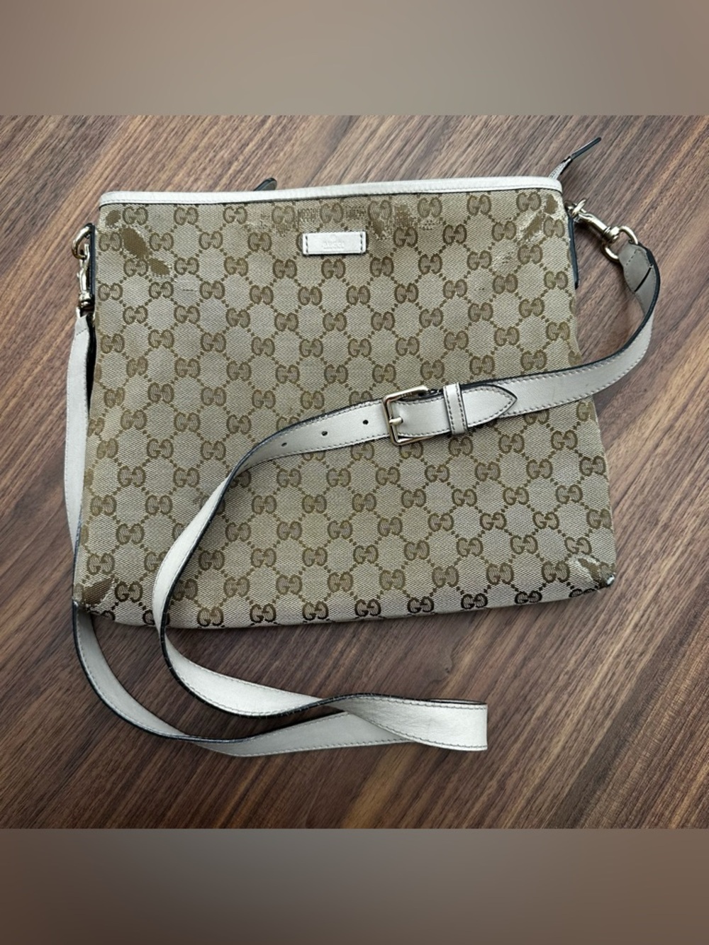 Gucci GG Canvas Flat Messenger Bag with Leather Trim